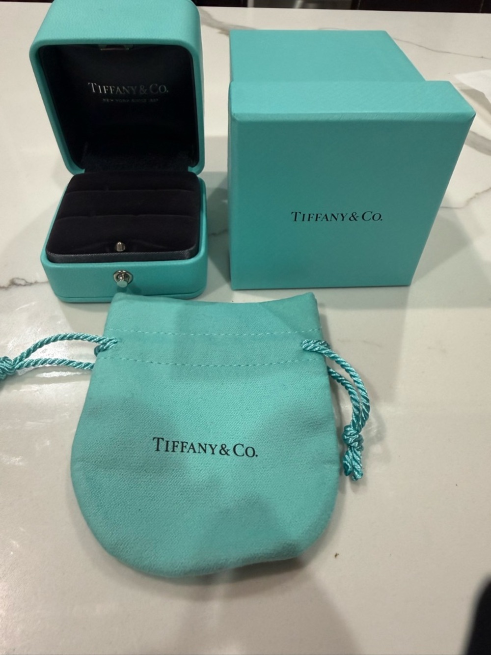 Tiffany & Co. robin's-egg blue box, pouch and ring case